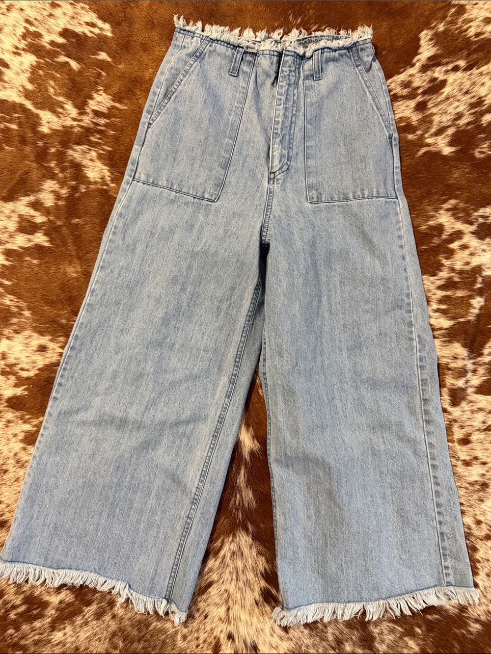 High-Rise Light Blue Wide-Leg Jeans with Frayed Hem